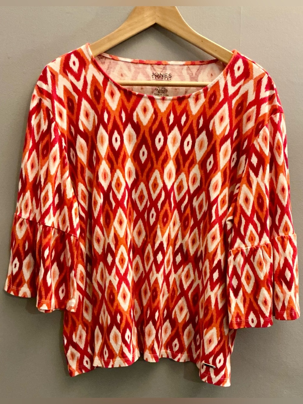 Jones New York XXL Orange Red Ikat Print Cotton Bell Sleeve Top